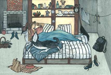 dessin d'une personne avec son chien au lit