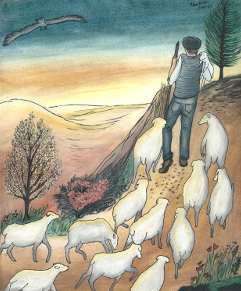 dessin d'un berger conduisant son troupeau