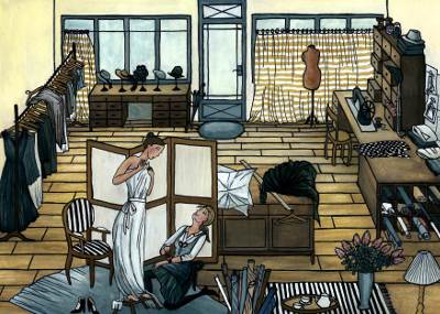 dessin d'un atelier de couture