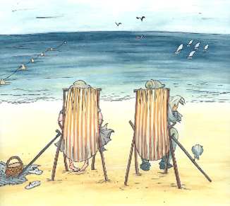 dessin de deux personnes sur des transats en bord de mer