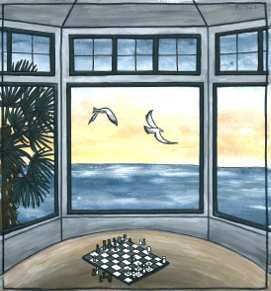 dessin de la vue sur mer depuis la fenêtre d'une maison